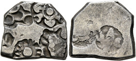 INDIA, Mauryan Empire. Circa 2nd century BC. Karshapana (Silver, 17 mm, 3.43 g). Five punches: three-arched hill, sun, six-armed symbol with arrows an...