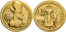 SASANIAN KINGS. Shapur I, 240-272. Dinar (Gold, 24 mm, 7.37 g, 3 h), style A, mint I (‘Ktesiphon’), struck after 258. Diademed and draped bust of Shap...