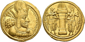 SASANIAN KINGS. Shapur I, 240-272. Dinar (Gold, 21 mm, 7.27 g, 3 h), style P, mint I (‘Ktesiphon’). Diademed and draped bust of Shapur I to right, wea...