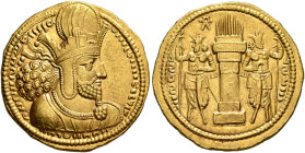 SASANIAN KINGS. Shapur I, 240-272. Dinar (Gold, 21 mm, 7.42 g, 3 h), style P, mint I (‘Ktesiphon’), struck after 258. ‘mzdysn bgy šhpwhry MRKAn MRKA ʾ...