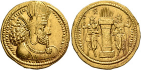 SASANIAN KINGS. Shapur I, 240-272. Dinar (Gold, 21 mm, 7.39 g, 3 h), style P, mint I (‘Ktesiphon’), struck after 258. ‘mzdysn bgy šhpwhry MRKAn MRKA ʾ...