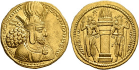 SASANIAN KINGS. Shapur I, 240-272. Dinar (Gold, 23 mm, 7.41 g, 3 h), style R, unknown mint, circa AD 260-272. Diademed and draped bust of Shapur I to ...