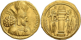 SASANIAN KINGS. Shapur I, 240-272. Dinar (Gold, 23 mm, 7.41 g, 3 h), style R, unknown mint, circa AD 260-272. Diademed and draped bust of Shapur I to ...