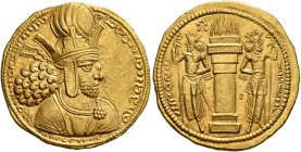 SASANIAN KINGS. Shapur I, 240-272. Dinar (Gold, 23 mm, 7.38 g, 3 h), style R, unknown mint, circa AD 260-272. Diademed and draped bust of Shapur I to ...