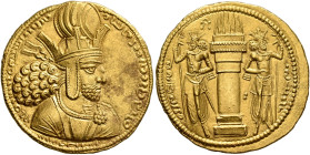 SASANIAN KINGS. Shapur I, 240-272. Dinar (Gold, 22 mm, 7.34 g, 3 h), style R, unknown mint, circa AD 260-272. Diademed and draped bust of Shapur I to ...