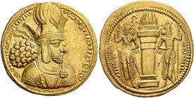 SASANIAN KINGS. Shapur I, 240-272. Dinar (Gold, 23 mm, 7.45 g, 3 h), style R, unknown mint, circa AD 260-272. Diademed and draped bust of Shapur I to ...