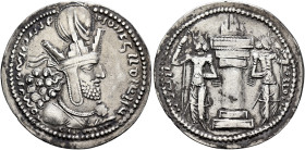 SASANIAN KINGS. Shapur I, 240-272. Drachm (Silver, 27 mm, 4.30 g, 7 h), mint I (‘Ktesiphon’). ‘mzdysn bgy šhpwhry MRKAn MRKA ʾyrʾn MNW ctry MN yzdʾn’ ...