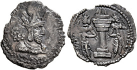 SASANIAN KINGS. Shapur I, 240-272. Obol (Silver, 13 mm, 0.50 g, 3 h), unknown mint. Diademed and draped bust of Shapur I to right, wearing mural crown...