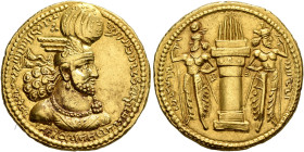 SASANIAN KINGS. Bahram II, 276-293. Dinar (Gold, 21 mm, 7.30 g, 3 h), style B, Hamadān, phase 1, AD 276 or slightly later. Diademed and draped bust of...