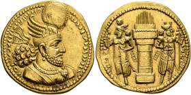 SASANIAN KINGS. Bahram II, 276-293. Dinar (Gold, 21 mm, 7.00 g, 3 h), style I, Herat mint (?). Diademed and draped bust of Bahram II to right, wearing...