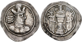 SASANIAN KINGS. Shapur II, 309-379. Drachm (Silver, 30 mm, 4.05 g, 3 h), Kabul (?). Draped bust of Shapur II to right, wearing a mural crown with kory...