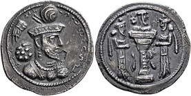 SASANIAN KINGS. Shapur III, 383-388. Drachm (Silver, 25 mm, 3.98 g, 3 h), uncertain mint. Draped bust of Shapur III to right, wearing an elaborate cro...