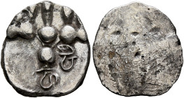 HUNNIC TRIBES, Uncertain. Circa 8th century. Damma (Silver, 15 mm, 1.13 g), Sind or Punjab. HA CHA (in Brahmi) Three pellets above one pellet. Rev. Bl...