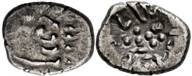 HUNNIC TRIBES, Hunnic Kingdom in Sind and Gujarat. Rana Vigraha, circa 713-717. Damma (Silver, 10 mm, 0.45 g). Head of Rana Vigraha to right. Rev. SRI...