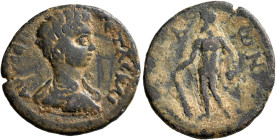 LACONIA. Las. Geta, as Caesar, 198-209. Assarion (Bronze, 23 mm, 4.91 g, 3 h), 202-205. ΛΟΥ ϹЄΠ ΓЄΤΑϹ ΚΑΙ Bare-headed, draped and cuirassed bust of Ge...