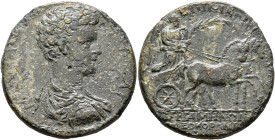 MYSIA. Pergamum. Commodus, as Caesar, 166-177. Tetrassarion (Orichalcum, 31 mm, 17.61 g, 12 h), Nikomedes, strategos, 175-176. M AYPH KOMOΔOC KAICAP B...