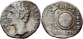 Augustus, 27 BC-AD 14. Denarius (Silver, 10 mm, 3.79 g, 6 h), uncertain mint in Spain (Colonia Patricia?), circa 19 BC. CAESAR AVGVSTVS Bare head of A...