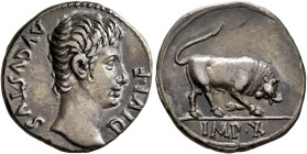 Augustus, 27 BC-AD 14. Denarius (Silver, 19 mm, 3.79 g, 6 h), Lugdunum, circa 15-13 BC. AVGVSTVS DIVI•F Bare head of Augustus to right. Rev. IMP•X Bul...