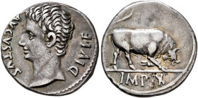 Augustus, 27 BC-AD 14. Denarius (Silver, 18 mm, 3.75 g, 7 h), Lugdunum, circa 15-13 BC. AVGVSTVS DIVI•F Bare head of Augustus to left. Rev. IMP•X Bull...