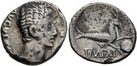 Augustus, 27 BC-AD 14. Denarius (Silver, 18 mm, 3.41 g, 7 h), Lugdunum, 12 BC. AVGV[STVS DIVI•F] Bare head of Augustus to right. Rev. IMP XI Capricorn...