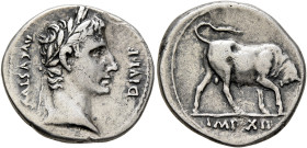 Augustus, 27 BC-AD 14. Denarius (Silver, 21 mm, 3.72 g, 1 h), Lugdunum, 11-10 BC. AVGVSTVS DIVI F Laureate head of Augustus to right. Rev. IMP XII Bul...