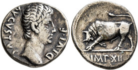 Augustus, 27 BC-AD 14. Denarius (Silver, 18 mm, 3.70 g, 5 h), Lugdunum, 11-10 BC. AVGVSTVS DIVI F Bare head of Augustus to right. Rev. IMP•XII Bull bu...