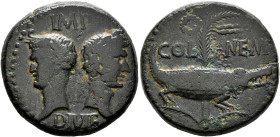 Augustus, with Agrippa, 27 BC-AD 14. As (Bronze, 27 mm, 12.88 g, 10 h), Nemausus, circa 9/8-3 BC. IMP / DIVI F Heads of Agrippa, on the left, wearing ...