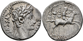 Augustus, 27 BC-AD 14. Denarius (Silver, 19 mm, 3.65 g, 3 h), Lugdunum, 8-7 BC. AVGVSTVS [DI]VI•F Laureate head of Augustus to right. Rev. C•CAES / AV...