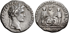 Augustus, 27 BC-AD 14. Denarius (Silver, 18 mm, 3.71 g, 5 h), Lugdunum, 2 BC-AD 4. [CAES]AR AVGVSTVS DIVI F PATER PA[TRIAE] Laureate head of Augustus ...