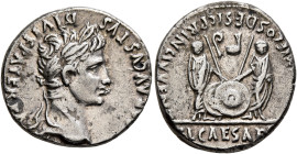 Augustus, 27 BC-AD 14. Denarius (Silver, 19 mm, 3.82 g, 9 h), Lugdunum, 2 BC-AD 4. [CAE]SAR AVGVSTVS DIVI F PATER PA[TRIAE] Laureate head of Augustus ...