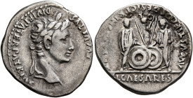 Augustus, 27 BC-AD 14. Denarius (Silver, 20 mm, 3.78 g, 9 h), Lugdunum, 2 BC-AD 4. [CAESAR] AVGVSTVS DIVI F PATER PATRIAE Laureate head of Augustus to...