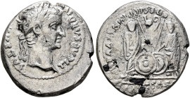 Tiberius, 14-37. Denarius (Subaeratus, 18 mm, 3.29 g, 6 h), a contemporary imitation. Irregular mint, imitating Lugdunum. TI CAESAR DIV[ F AV]GVSTVS L...