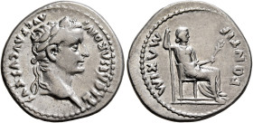 Tiberius, 14-37. Denarius (Silver, 19 mm, 3.78 g, 8 h), Lugdunum, group 1, circa 15-18. TI CAESAR DIVI AVG F AVGVSTVS Laureate head of Tiberius to rig...