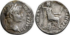 Tiberius, 14-37. Denarius (Silver, 8 mm, 3.15 g, 2 h), Lugdunum, group 2, circa 15-18. TI CΑESΑR DIVI Α[VG F ΑVGVSTVS] Laureate head of Tiberius to ri...