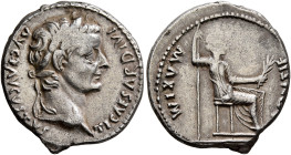 Tiberius, 14-37. Denarius (Silver, 19 mm, 3.82 g, 12 h), Lugdunum, group 1, circa 15-18. TI CAESAR DIVI AVG F AVGVSTVS Laureate head of Tiberius to ri...