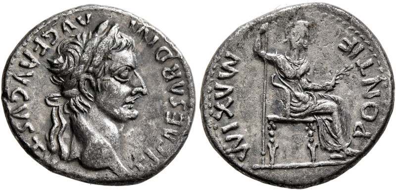 Tiberius, 14-37. Denarius (Silver, 19 mm, 3.66 g, 6 h), Lugdunum, group 4, circa...