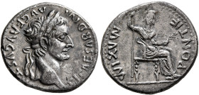 Tiberius, 14-37. Denarius (Silver, 19 mm, 3.66 g, 6 h), Lugdunum, group 4, circa 18-35. TI CΑESΑR DIVI ΑVG F ΑVGVSTVS Laureate head of Tiberius to rig...