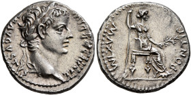 Tiberius, 14-37. Denarius (Silver, 18 mm, 3.76 g, 11 h), Lugdunum, group 4, circa 18-35. TI CΑESΑR DIVI [ΑVG] F ΑVGVSTVS Laureate head of Tiberius to ...