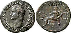 Gaius (Caligula), 37-41. As (Copper, 29 mm, 10.44 g, 6 h), Rome, 37-38. C CAESAR AVG GERMANICVS PON M TR POT Bare head of Gaius to left. Rev. VESTA / ...