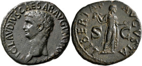 Claudius, 41-54. As (Copper, 29 mm, 11.46 g, 7 h), Rome, 42-43. TI CLAVDIVS CAESAR AVG P M TR P IMP P P Bare head of Claudius to left. Rev. LIBERTAS A...