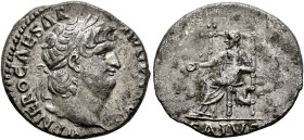 Nero, 54-68. Denarius (Silver, 18 mm, 3.35 g, 6 h), Rome, 66-67. IMP NERO CAESAR AVGVSTVS Laureate head of Nero to right. Rev. SALVS Salus seated left...