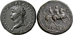 Nero, AD 54-68. Sestertius (Orichalcum, 37 mm, 29.24 g, 6 h), Lugdunum, 67. IMP NERO CAESAR AVG P MAX TR P P P Laureate head of Nero to left, globe at...