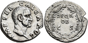 Galba, 68-69. Denarius (Silver, 19 mm, 3.13 g, 6 h), Rome, second half of June 68-January 69. IMP SER GALBA AVG Bare head of Galba to right. Rev. S P ...