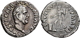 Galba, 68-69. Denarius (Silver, 19 mm, 3.02 g, 6 h), Rome, circa July 68-January 69. IMP SER GALBA CAESAR AVG Laureate and draped bust of Galba to rig...