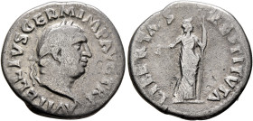 Vitellius, 69. Denarius (Silver, 19 mm, 2.55 g, 6 h), Rome, 19 April-20 December 69. A VITELLIVS GERM IMP AVG TR P Laureate head of Vitellius to right...