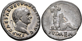 Vespasian, 69-79. Denarius (Silver, 19 mm, 2.62 g, 6 h), Rome, 69-70. IMP CAESAR VESPASIANVS AVG Laureate head of Vespasian to right. Rev. IVDAEA Juda...