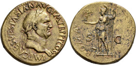 Vespasian, 69-79. Sestertius (Orichalcum, 33 mm, 25.34 g, 8 h), Rome, 71. IMP CAES VESPASIAN AVG P M TR P P P COS III Laureate head of Vespasian to ri...