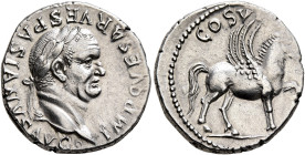 Vespasian, 69-79. Denarius (Silver, 18 mm, 3.53 g, 1 h), Rome, 76. IMP CAESAR VESAPASIANVS AVG Laureate head of Vespasian to right. Rev. COS VI[I] Peg...