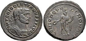 Diocletian, 284-305. Follis (Silvered bronze, 28 mm, 11.60 g, 6 h), Londinium, circa 296-297. IMP C DIOCLETIANVS P F AVG Laureate and cuirassed bust o...