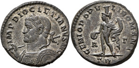 Diocletian, 284-305. Follis (Silvered bronze, 26 mm, 9.91 g, 5 h), Treveri, 296-297. IMP DIOCLETIANVS AVG Laureate and cuirassed bust of Diocletian to...